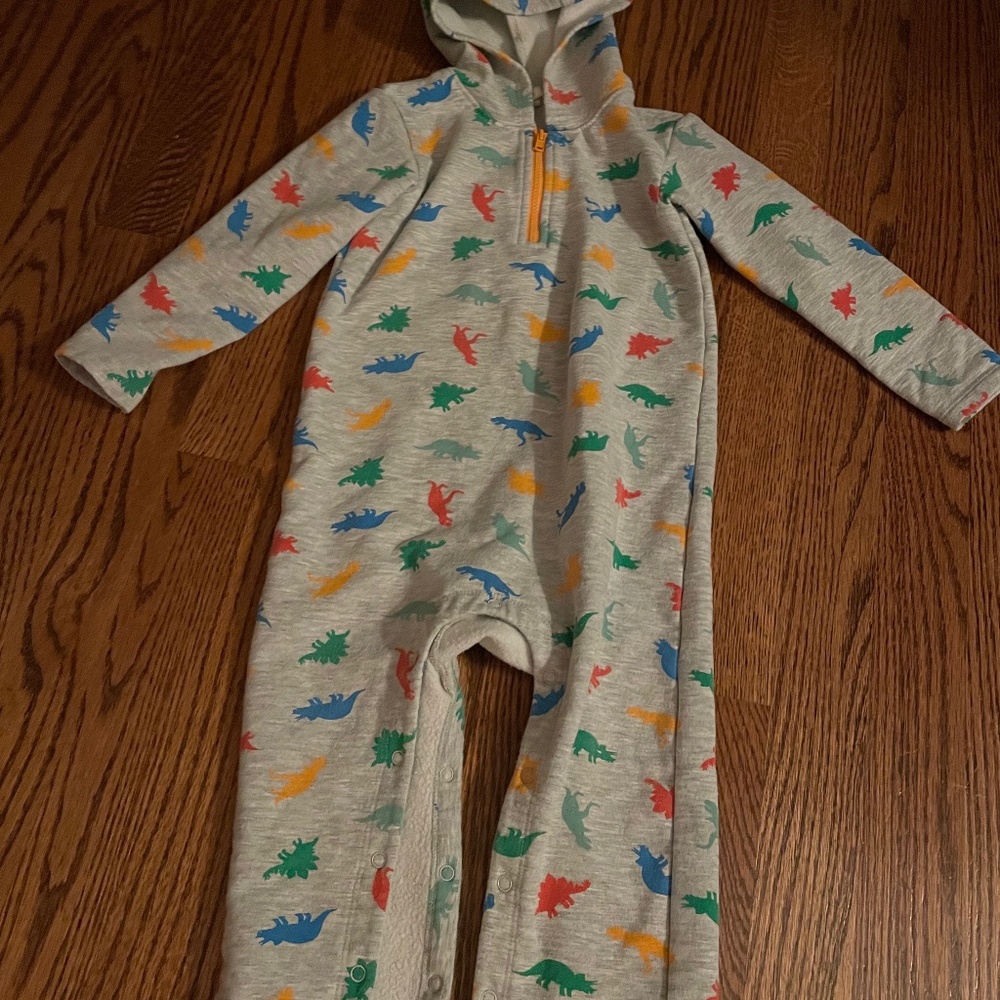 Tucker & Tate Baby Boy's Long Sleeve Hooded Gray Romper Dinosaurs Size: 24M